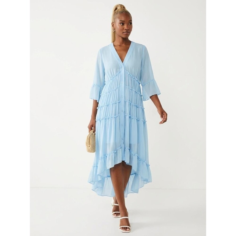 Womens Boho Large Baby Blue Sheer Chiffon Ruffled Tiered High Low Dress - Picture 2 of 15
